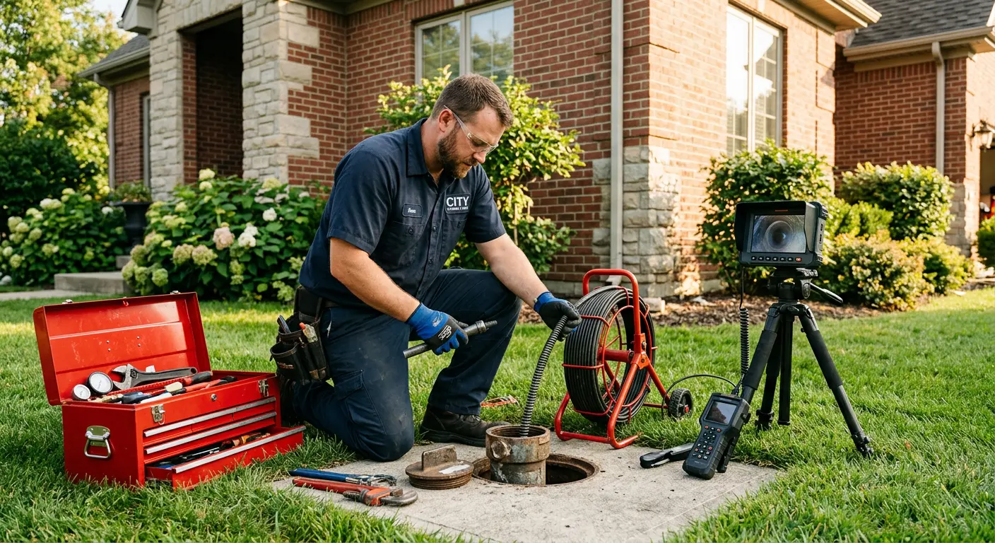 Sewer specialist with camera equipment servicing a cleanout in Bel Air