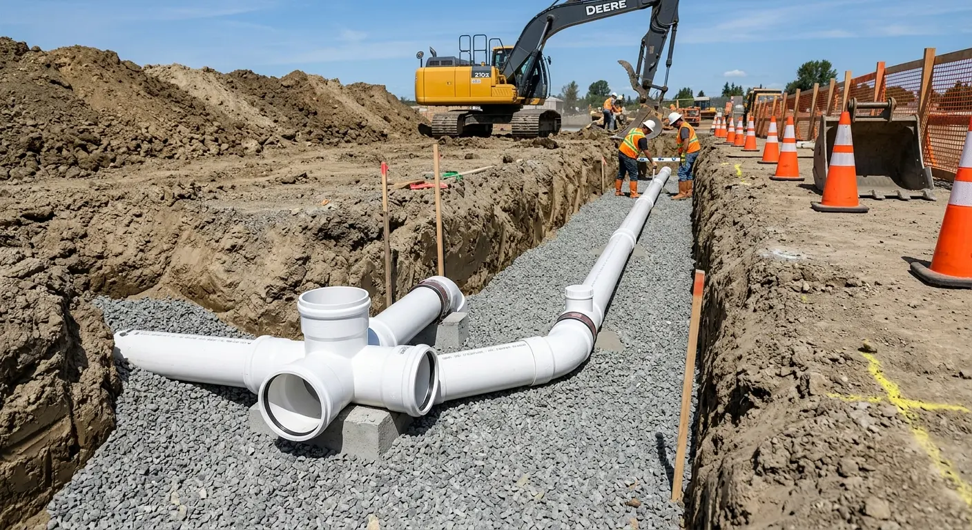 New PVC sewer pipe installation in open trench for Commercial Drain Cleaning in Bel Air